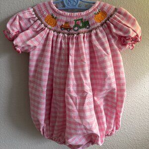 Classic Whimsy Pumpkin & Tractor Pink Gingham Smocked Romper Size 3 Months